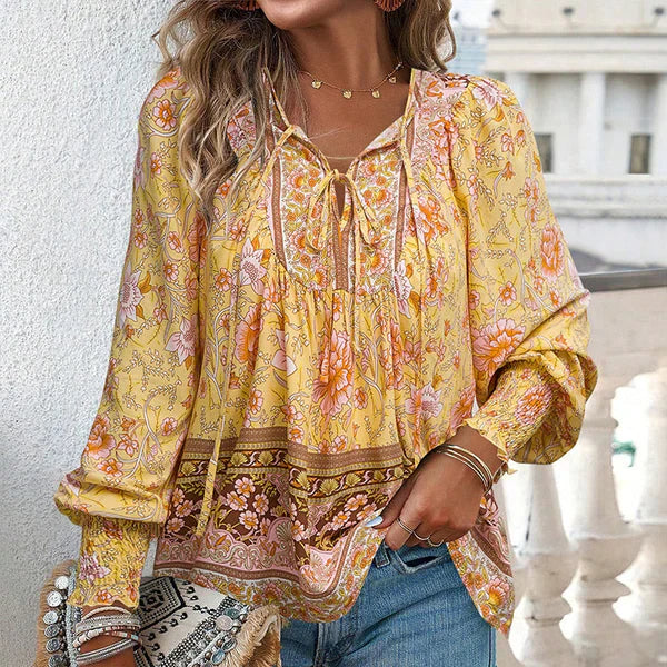 Celine™ | Blusa femenina de manga larga con cuello en V y estampado floral