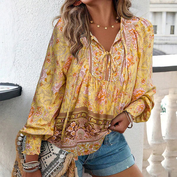 Celine™ | Blusa femenina de manga larga con cuello en V y estampado floral