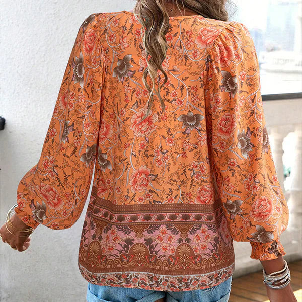 Celine™ | Blusa femenina de manga larga con cuello en V y estampado floral