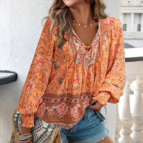 Celine™ | Blusa femenina de manga larga con cuello en V y estampado floral
