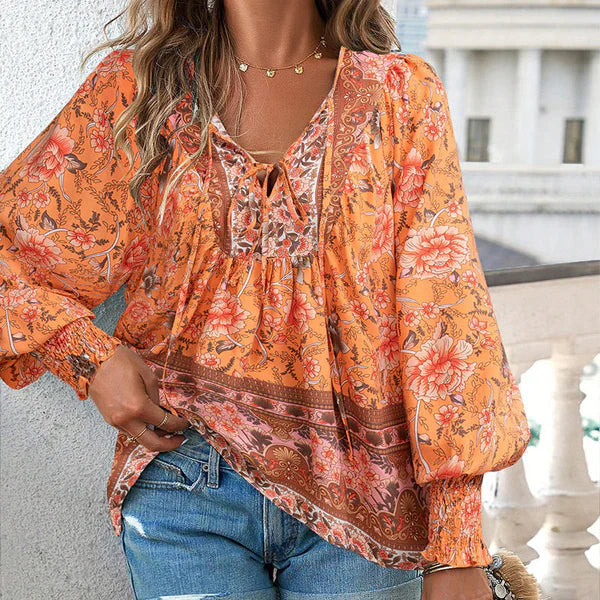 Celine™ | Blusa femenina de manga larga con cuello en V y estampado floral