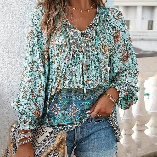 Celine™ | Blusa femenina de manga larga con cuello en V y estampado floral
