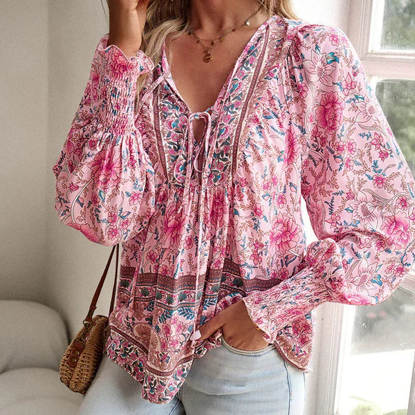 Celine™ | Blusa femenina de manga larga con cuello en V y estampado floral