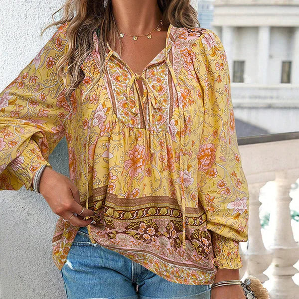 Celine™ | Blusa femenina de manga larga con cuello en V y estampado floral